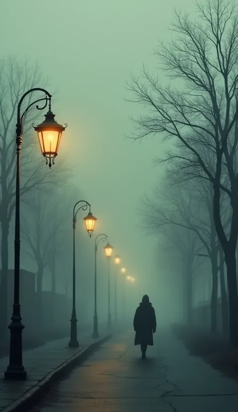 A foggy street with old-fashioned lampposts casting a dim glow, lined by leafless trees. A lone figure walks down the street, their silhouette blurred in the mist. The faded background is sketched in soft grays, creating a nostalgic, sorrowful mood.

