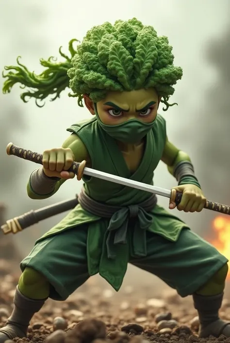 @Meta AI Create a boy cabbage  ( ninja, Hair, Curls,  High definition  ), Strong warrior , ( mind your fingers ), ( katana sword made of turnip in his left hands), ((realistic)),  Teenage ninja cabbage fighting in war .