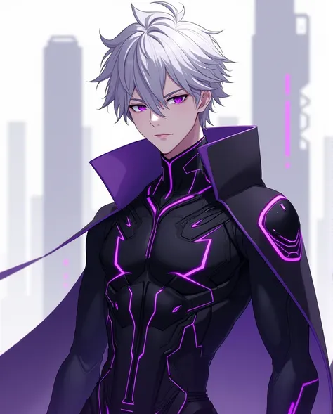 A anime young man, He have white hair, white skin and purple eyes. He swear a only black electronic suit with purple energy. He has an athletic body