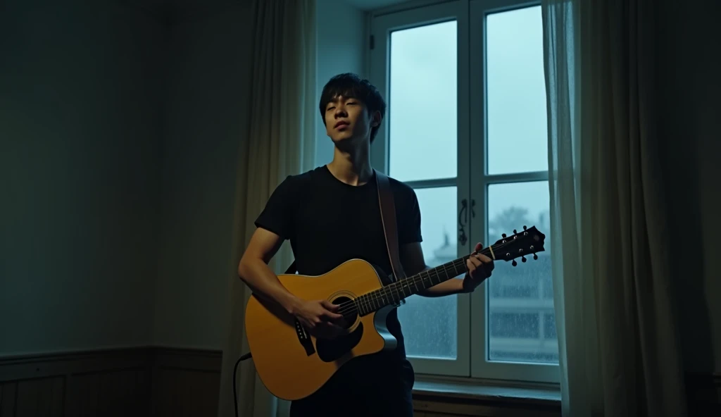 Handsome Korean guy holding a guitar with a yellow soundboard, hes wearing a black t-shirt without a collar, healthy body, singing by the window, its raining outside, (its already evening), ( old and gloomy room), realistic scene