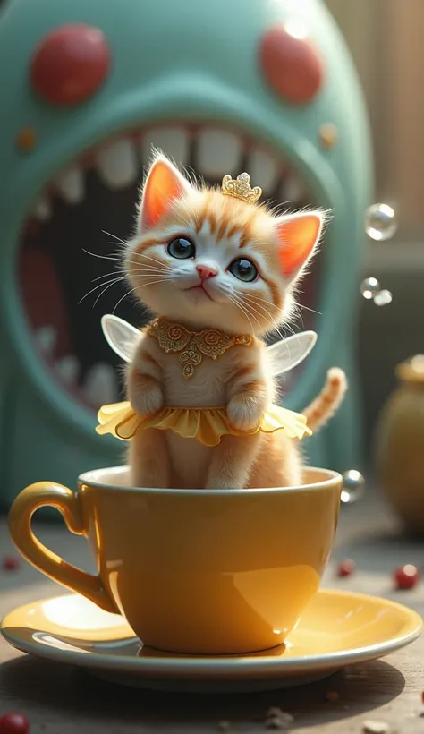  teeth on the background、A cute kitten in a coffee cup standing on two legs like a human 、 Fantasy、cute kitten in a costume with bubbles 、Sparkle