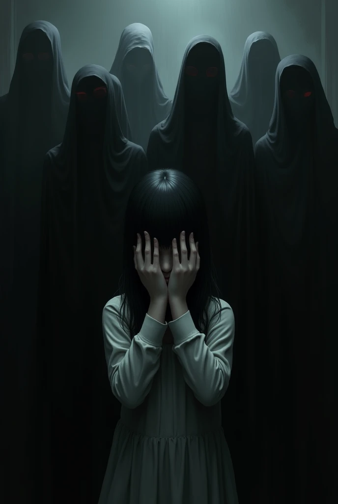   girl with black hair and eyes that cover her face with her hands,  dark anonymous people behind her , no faces, they are covered in shadows ,  their silhouettes blend with the dark , terrifying art ,  Aesthetic horror wallpaper ,  creepy and dark feeling...