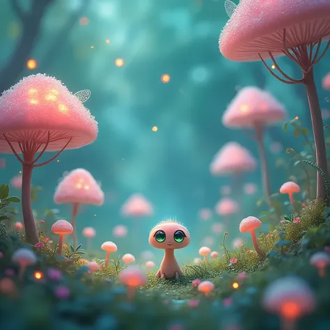   Mysterious fantasy world 、Transparent unique and mysterious baby creature story style 、Smaller size than a mushroom 、 big charming green eye illustration art pop and cute tree design art  、         transparent pastel leaf tree  、tree  々、  blue cold atmos...