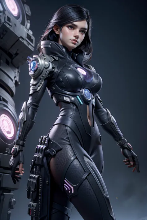 woman futuristic costume ,  black hair , cyberpunk, magnificent anatomy ,  dynamic pose , face to the camera,  gears and bolts ,...