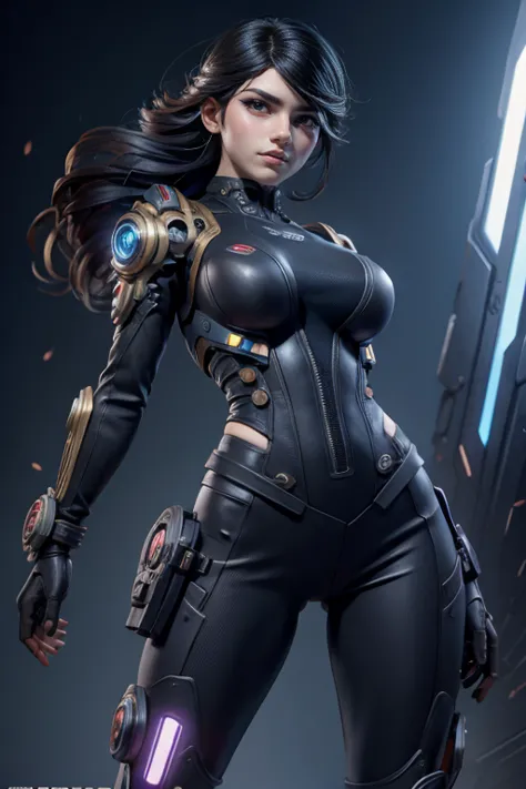 woman futuristic costume ,  black hair , cyberpunk, magnificent anatomy ,  dynamic pose , face to the camera,  gears and bolts ,...