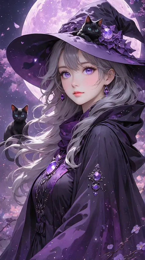  a beautiful witch with purple eyes like amethysts、Her hair is light gray 、 a beautiful witch with round crystals in her hand 、purple cloak and hat 、Face and body face forward、Staring at the viewer upwards 、Upper body only、The background is a purple moon a...