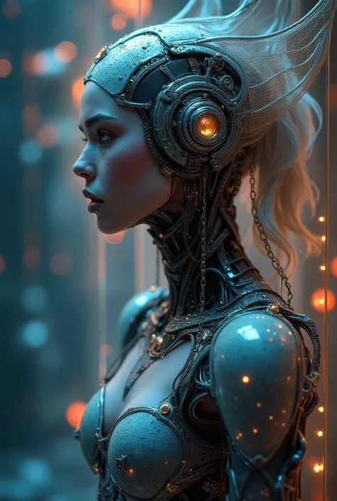 Goddess Fortuna, highly technologically advanced and cybernetically enhanced. High Resolution, Masterpiece, Award Winning, Best Quality, High Details, High Quality, UHD, Chromatic Aberration, Optical Illusion, Glowing Light, Impressionism, Art Deco, Cinema...