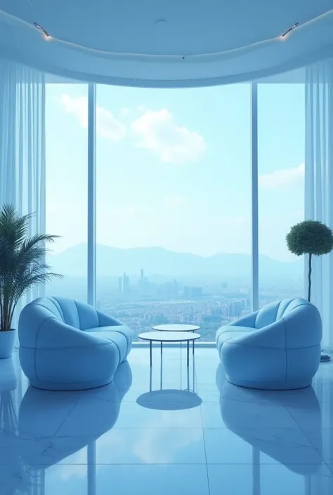 dreamy, luxurious apartment with light blue satin metallic furniture at morning with a view overlooking of a city. gradient of light blue and white sky, enhancing the magical, serene atmosphere. 1994 retro film still, retrowave