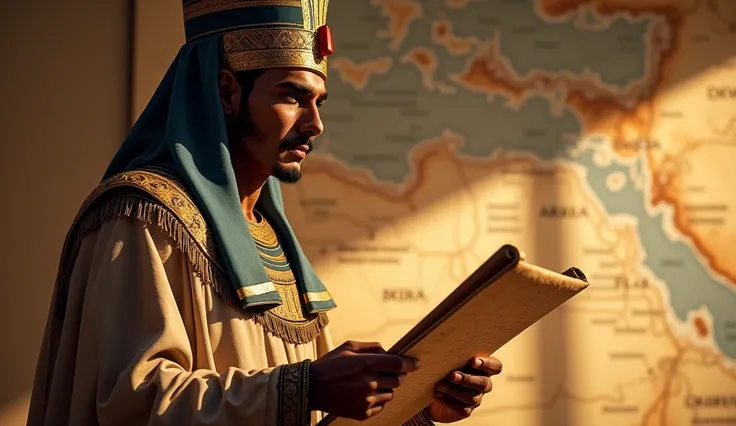 A close-up of an Egyptian official, wearing a headdress and holding a scroll, with a stern expression, standing before a large map of Nubia, plotting military campaigns and trade routes, with the sun casting harsh shadows.