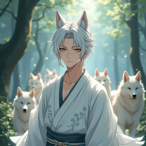 Anime images, 4K,man,Age 30, white hair,Wear,Handsome Korean face, Wolf ears, white yukata,On the nerves , getting handsome ,There is a herd of wolves behind