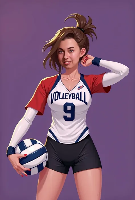 Cute brunette American woman with perky breasts in volleyball uniform short spandex shorts knee pads sweaty sexy hair in ponytail very sexy