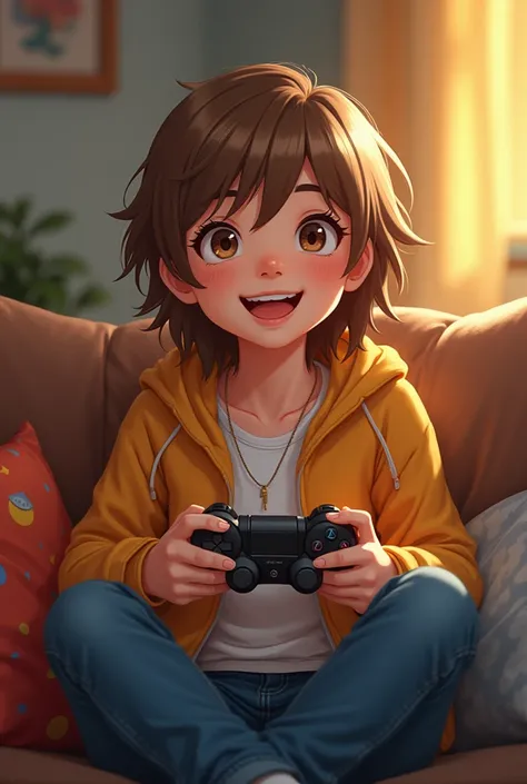 drawing Informal art: of a brown , light brown hair, brown eyes, a beautiful smile, sitting on the couch playing video games
