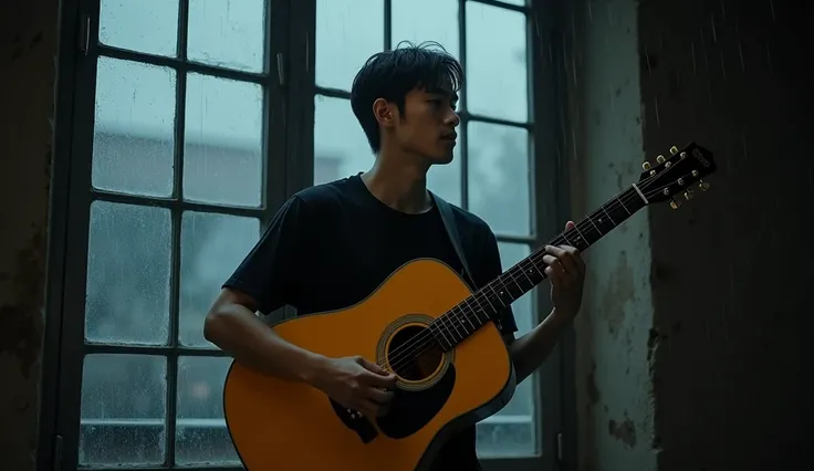  Handsome Korean guy holding a guitar with a yellow soundboard,  he is wearing a black t-shirt without a collar ,  healthy body , singing by the window , it&#39;s raining outside, ( it is already evening ),  outside the dark window , ( the old and gloomy r...