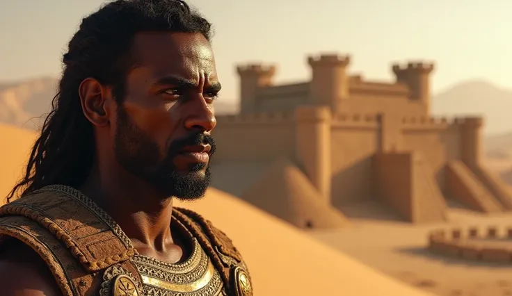 A close-up shot of a Nubian warrior in distinctive armor, his face marked by determination and pride, standing in front of a newly constructed fortress, looking out over the Egyptian landscape, with tension in the air.