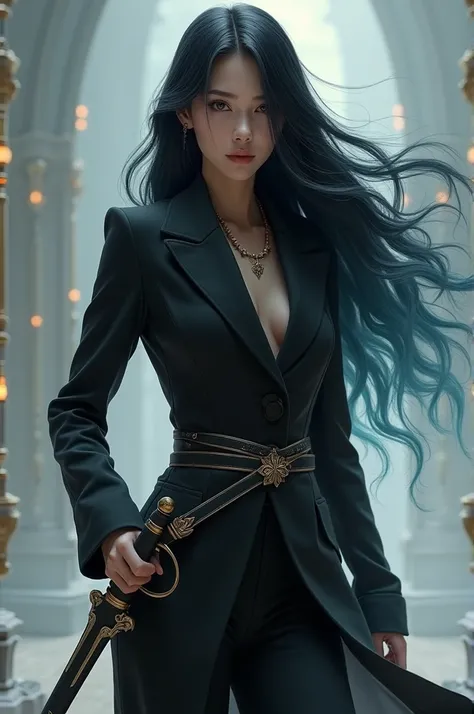 A girl with long black hair and light blue tips wearing a jacket suit and a sword at her waist 