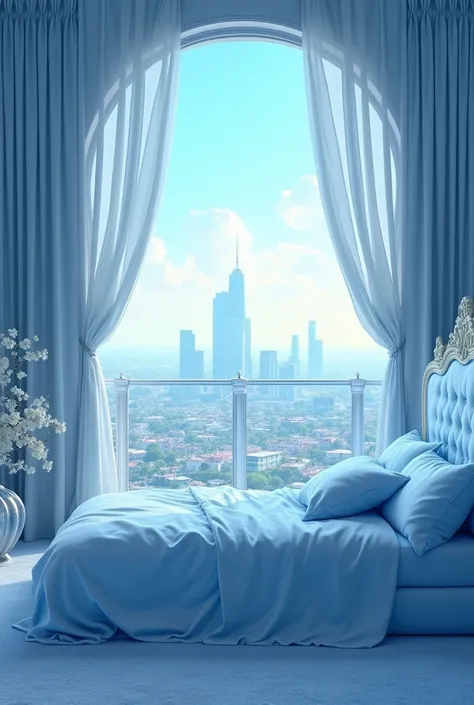 dreamy, luxurious bedroom with light blue satin metallic furniture at morning with a view overlooking of vice city. gradient of light blue and white sky, enhancing the magical, serene atmosphere. 1994 retro film still, retrowave, flower in crystal vase, cr...