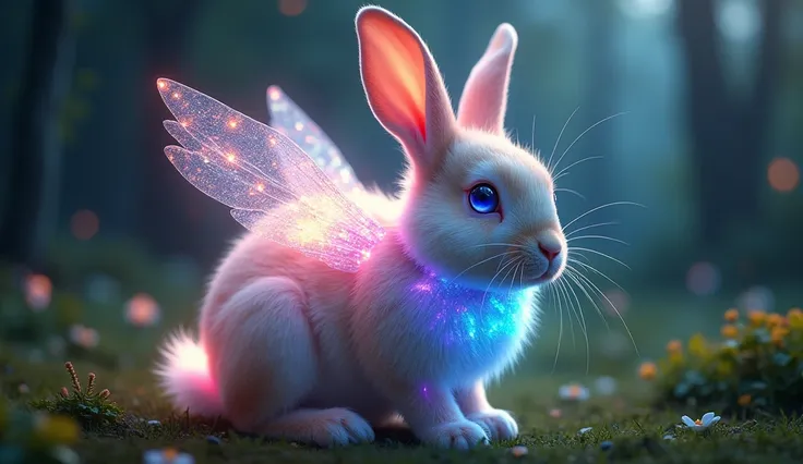 A hyper-realistic close-up of a glowing rabbit radiating intense multicolored light. Its fur and eyes emit vibrant hues of blue, pink, gold, green, and violet, surrounded by a radiant aura. Shimmering wings sprout from its back, glowing softly. The backgro...