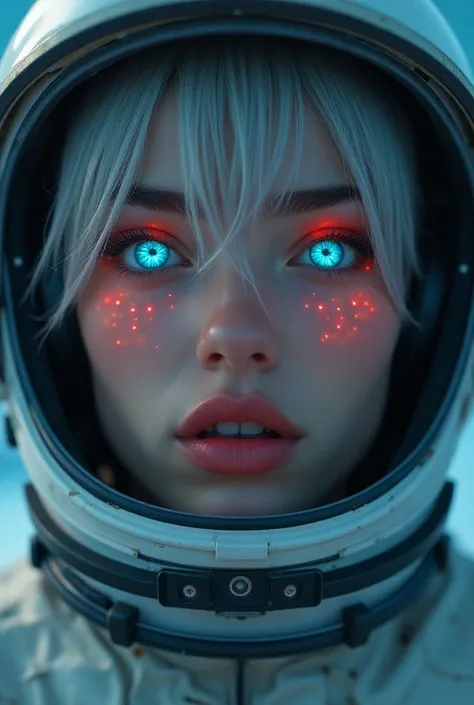  Close-up of an improved masterpiece:1.5)0.9], (Space and astronauts:1.2) ( Messy silver hair:1.1) (heterochromia: xanthochromia and blue eyes:1.2) (Space helmet:1.0) ( Colored stars in the eyes :1.0) (A radiant glow:1.1) ( Thick lips:0.9)damage caused by ...