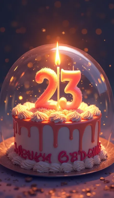 A captivating hyperrealistic digital pop masterpiece by artist Eve, combining watercolor, alcohol ink, oil painting, and colored pencil with stunning precision. The focus is on a birthday cake, adorned with a candle shaped as the number 23 and the inscript...