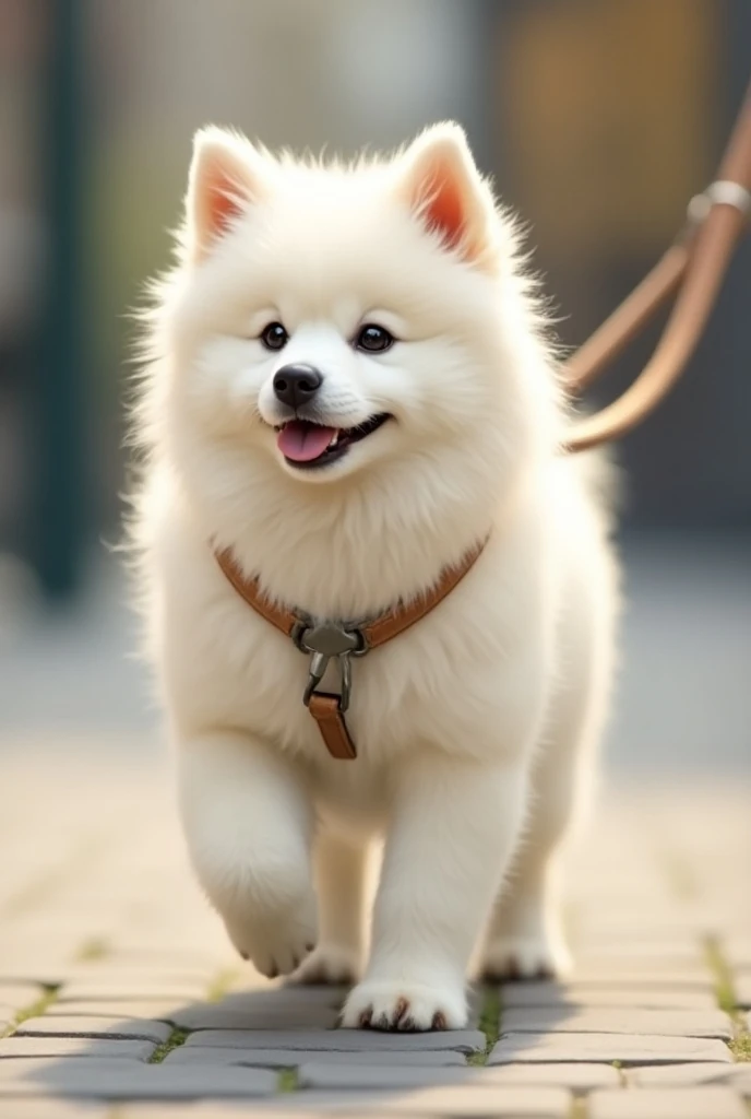 A cute white Samoyed dog tethered to a leash