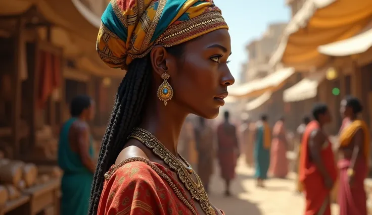 A close-up of a Nubian merchant woman, wearing brightly colored fabrics and jewelry, standing in an Egyptian marketplace, her face showing both curiosity and resistance as she interacts with Egyptian traders.