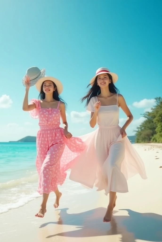 A stunning screen cinematic portrait capturing the essence of two womans life journey. Two young beautiful Chinese high school student happy expression run in beautiful beach with vibrant waves and electric blue ocean and some trees  in a fashionable outfi...