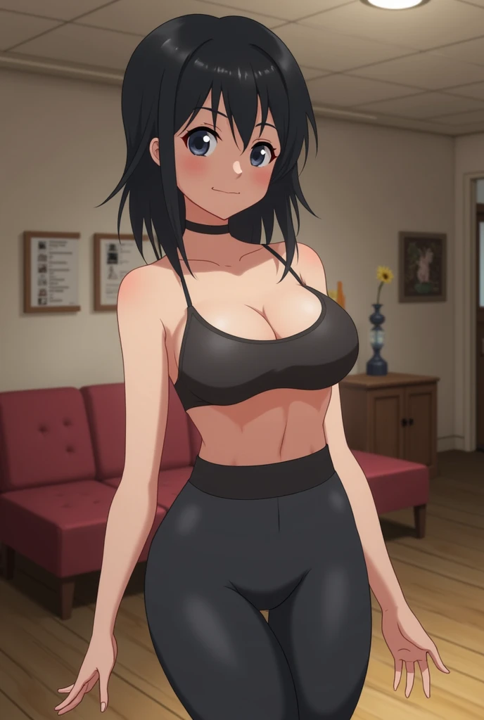 Pretty young adult girl with medium length medium short black hair with black eyes and big breasts wearing a black sports bra and sexy black yoga pants in the background of a lonely room.(anime style).