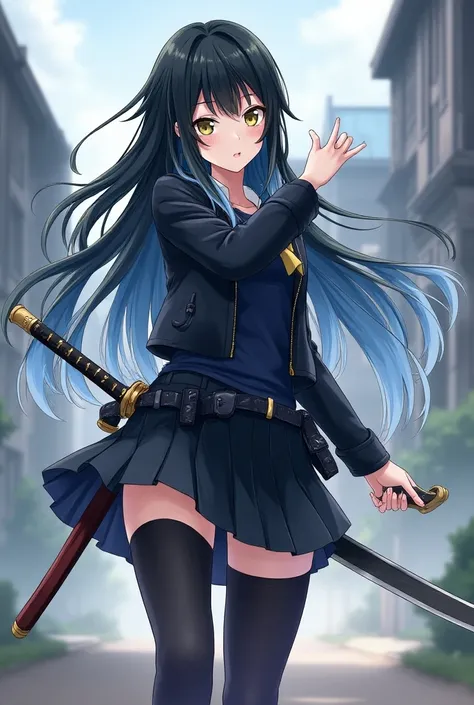 A girl with long black hair and light blue tips wearing a skirt and stockings and a jacket sweater and a sword next to her waist in anime mode