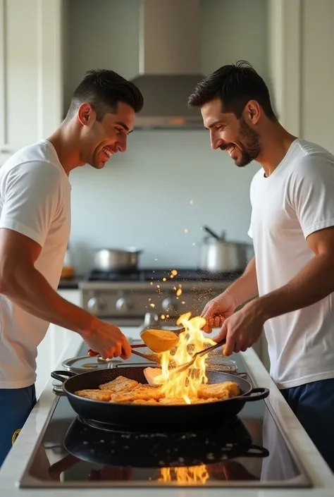 Ronaldo and Messi fish fry in a kitchen room 