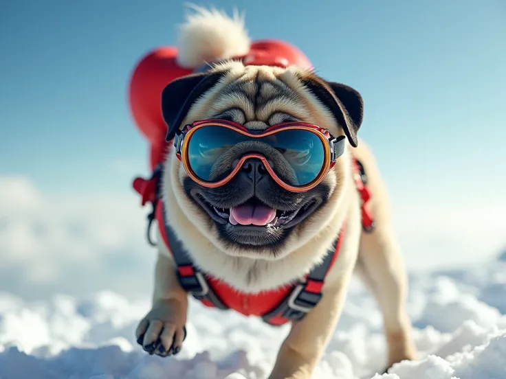 A pug with ski goggles parachuting