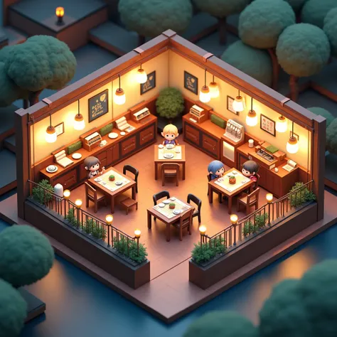 Bird&#39;s-eye view。Japanese restaurant，Neatly arranged，Some cute cartoon characters are eating inside， game scene ， conceptual art，3d cartoon，night，Warm lighting，Neatly arranged，Perfect details， HD quality