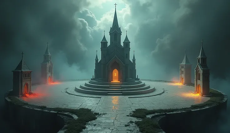 Circular Stage,  along with a small church-shaped structure ,  There are 3 paths surrounding this church, What represents hell ,  what represents heaven ,  the other represents purgatory 