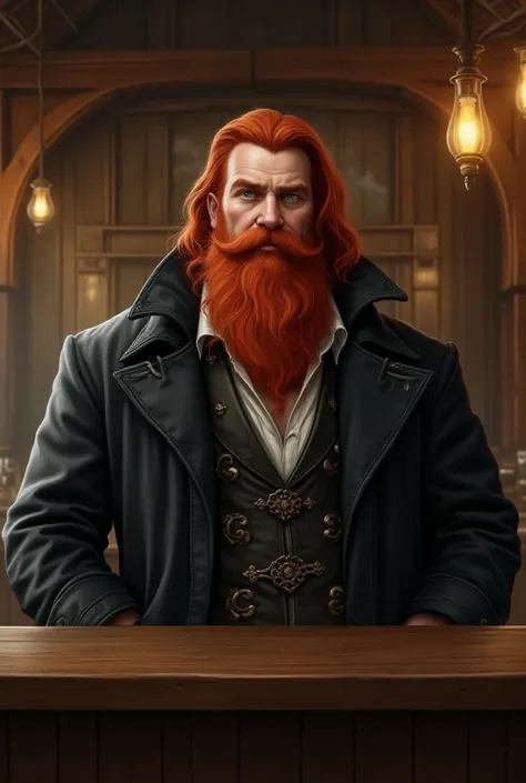 Create magic the gathering style a handsome fat tavern man with a red beard with straight red hair with green moss eyes wearing an ornate black overcoat behind a medieval tavern counter 