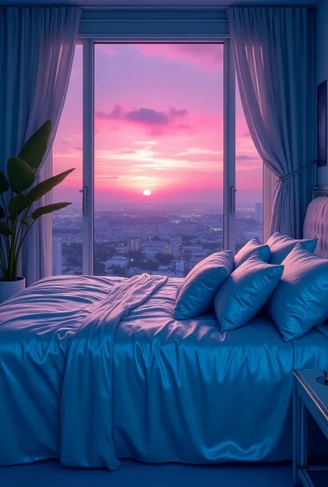 dreamy, luxurious bedroom with light blue satin metallic furniture at morning with a view overlooking of vice city sunset, gradient of purple, pink and orange vivid sky, enhancing the magical, serene atmosphere. 1994 retro film still, retrowave