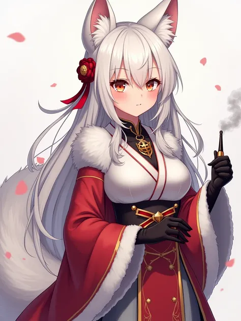  anime character with long hair and cat ears holding a pipe, full adoptable body, adoptable character,  full-body commission for , long haired humanoid fursona , Xianxia full body, a beautiful kitsune woman, a beautiful fox woman, white-haired fox, ((weari...