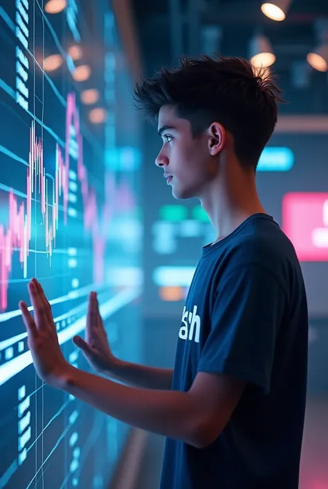 
A 16-year-old boy named Yash stands in a modern, tech-inspired environment, looking thoughtfully at a large digital trading screen filled with dynamic stock market graphs and charts. He has short, stylish hair and a confident expression that conveys deter...