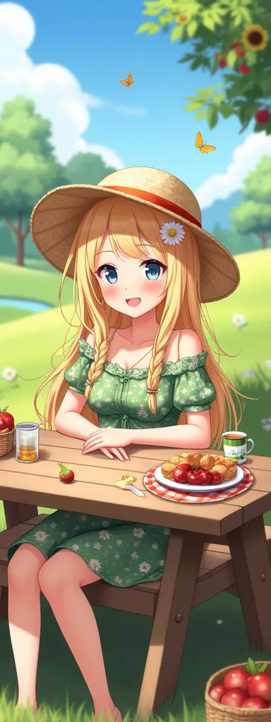 masterpiece, superior quality, high quality. (Pastoral colors), Warm tone, loli, 1girl, straw hat, countryside meadow, sweet smile, solo, loose braids, floral dress, blond hair, green dress, wooden picnic table, apple tree, looking at viewer, afternoon, clear blue sky with clouds, daisy hair clip, homemade treats, bare calves, checkered tablecloth, blue eyes, blush, modest décolletage, apples, puffy clouds, light blue sky, farmland, breasts, hair wisps dancing, mason jar, enamel cup, grin, creek, wicker basket, elbows on table, wildflower, butterfly, cushion on grass, teeth, wooden bench, sunflower, fresh water, drink, apple cider, gingham ribbon, sitting, brown eyes, soft focus, ruffles, off-the-shoulder, patchwork rug. [Artists: CountrysideCharm, RuralArtist, PastoralCreator]