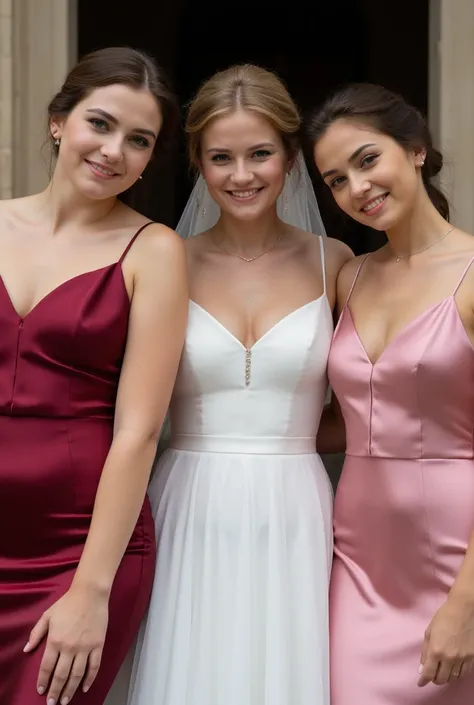  Realistic upper body portrait of two young brunettes and blond German bridesmaids aged 23 with wedding hair and a brunette German bride, Necklace, smile. The bridesmaids are in front of the camera in a shiny ,  metallic burgundy and pink satin slip dress,...