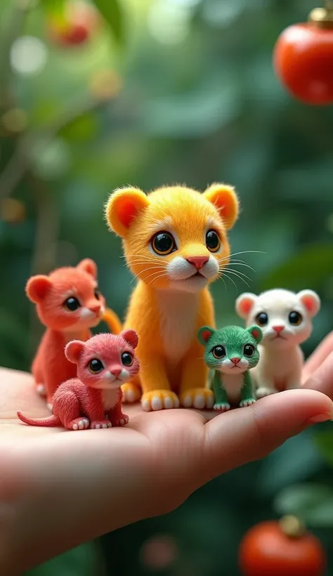 Imagine 10 tiny, miniature lions, no bigger than a human fingernail, each with a unique and vibrant coat color: bright red, emerald green, cerulean blue, bright yellow, burgundy, pastel pink, pure white, jet black, and reddish brown. Their fur looks so sof...