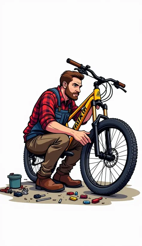 I want an image of a man repairing mountain bikes changing his tire in real cartoon style, I WANT THE IMAGE WITH WHITE BACKGROUND 