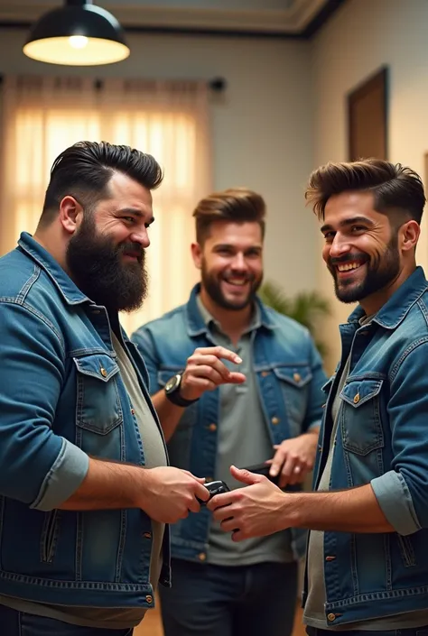  3 men working happily at the hair salon
1 person is fat and has a beard 、 The hair is all back and hardened with gel
One person has strong eyes and nose and has a side back hairstyle、 their hair is brown and they look a little dull
1 has a kind expression...