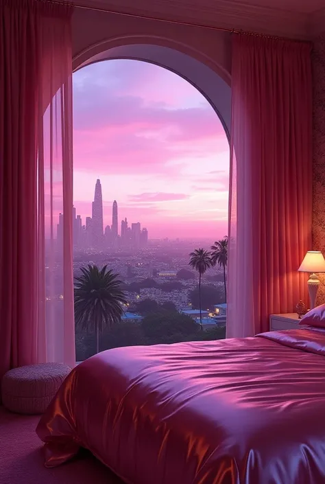 dreamy, luxurious bedroom with pink satin metallic furniture at morning with a view overlooking of vice city sunset, gradient of purple and pink vivid sky, enhancing the magical, serene atmosphere. 1980 retro film still, retrowave, film still