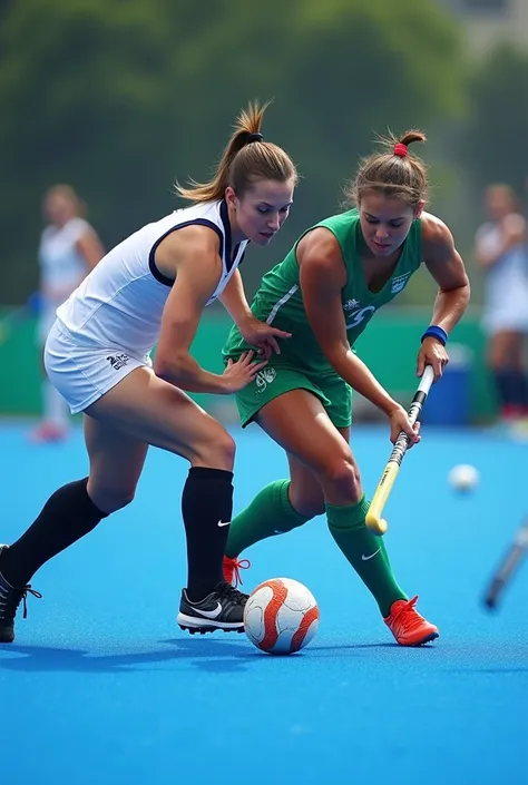 


Create a thumbnail image for an Instagram Reels video featuring two international field hockey players in action on a blue turf. The player in green and white is focused on controlling the ball, while an opposing player in white is attempting to interce...