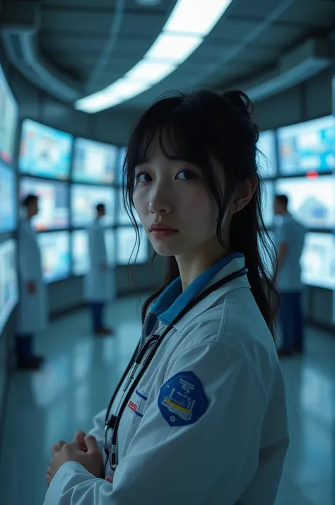 Technician dressed as a black-haired young woman with a serious expression, the background is a large scientific observatory with many large screens and staff