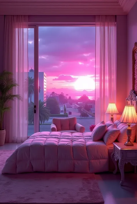 dreamy, luxurious bedroom with satin metallic furniture at morning with a view overlooking of vice city sunset, gradient of purple and pink vivid sky, enhancing the magical, serene atmosphere. 1980 retro film still, retrowave, film still