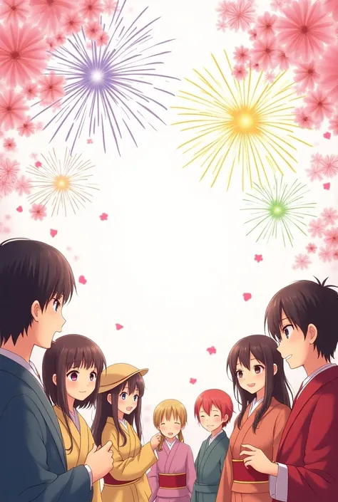  Draw 1 picture of the Japanese anime style New Year on A5 paper, around there are fireworks and New Year decorations with branches of cherry blossoms , phông nền trắng, Multiple-number characters