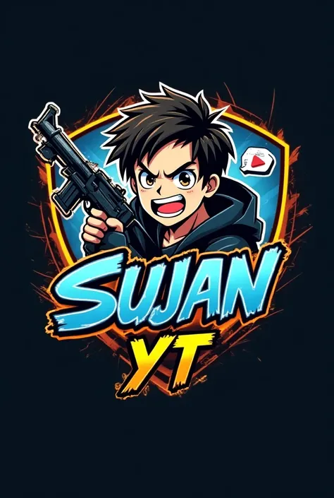 This is a gaming logo that features the name "Sujan Yt" in a futuristic font and a yellow blue color. and boy Anime avtar, and looking angry holding ump .The logo also has a stylized controller icon and a YouTube play button in the background. The logo is ...