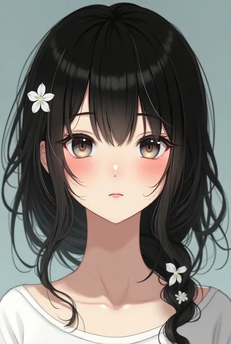 loli anime girl, realistic shadows, detailed skin, very small breasts, black hair, very detailed, 8k highly detailed face, perfect face shape, full perfect lips, perfect nose, correct beautiful eyes, watching viewer, white shirt, hair flowers, masterpiece,...