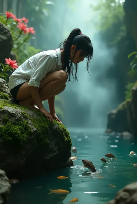 Front view, she leans forward on
A big rock to see the fish. Her
Wearing a white shirt and a black bikini. The rocks you stepped on were full of them. with green moss
Flowers, smoke and wind add to the mood.
A lively and mysterious fantasy atmosphere.”
