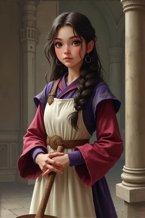 realistic, best quality, masterpiece, detailed, perfect face, fantasy, medieval, girl, young, adolescent, teenager, fair skin, short stature, cook apprentice, dark brown hair, long hair, long wavy hair with a decorative braid down the middle back, single b...